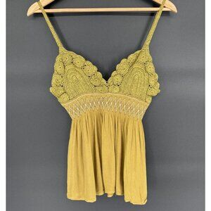 Free People Women's Crochet Babydoll Cami Top S Green Boho Festival Going Out